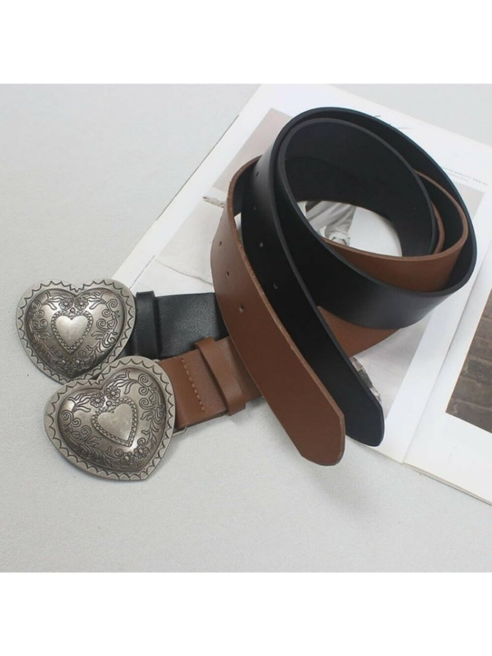 Women Coffee With Heart-shaped Buckle Soft Faux Leather Vintage Y2k Cowgirl Belt - Picture 5 of 5